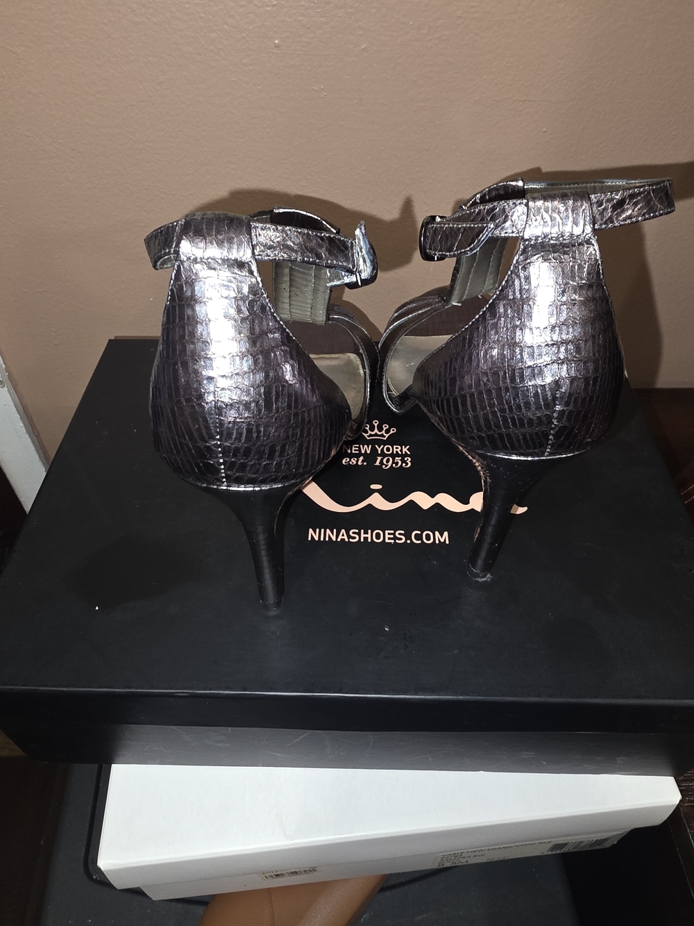 Nina Metallic Textured Ankle-Strap Heels - Silver